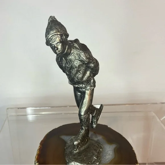 Bronze Figure, Young Boy Skating on a Lake of Banded Agate, Signed/Dated